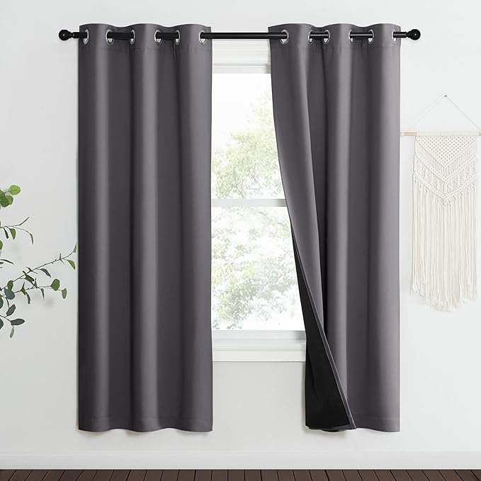NICETOWN Grey Full Shade Curtain Panels, 37" Wide x 70" Long, Gray, Pair of Thermal Insulated & Energy Efficiency Blackout Curtains for Living Room Windows, Lined Silky Performance Window Dressing - Image 2