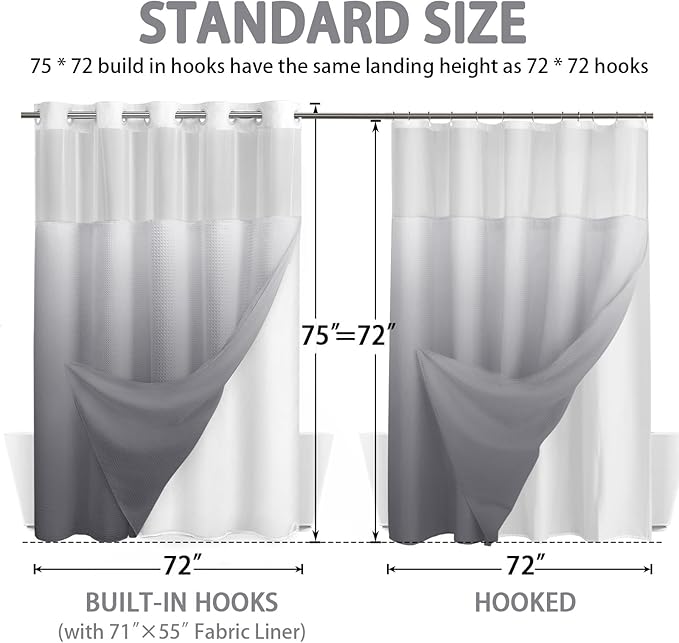 No Hook Shower Curtain and Liner Set,Ombre Grey Hotel Waffle Shower Curtain with Liner 75" L x 72" W - Image 6