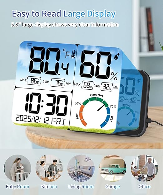 VOCOO Digital Indoor Room Thermometer - 5.8'' Extra Large Display Temperature Humidity Sensor with Accurate Temp Humidity Gauge Monitor, Calibration, Max & Min Records, Comfort, Backlit, Date & Clock - Image 6