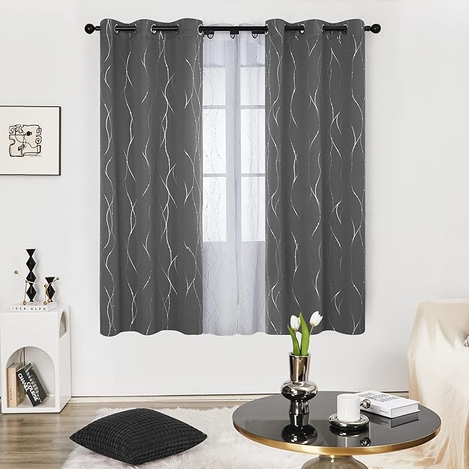 Deconovo Blackout Curtains, Grey Curtains, Thermal Insulated Soundproof Grommet Drapes, Silver Wave Dot Foil Print, 42 x 72 Inch, 2 Panels, Machine Washable Window Panel for Living Room Bedroom Office - Image 2