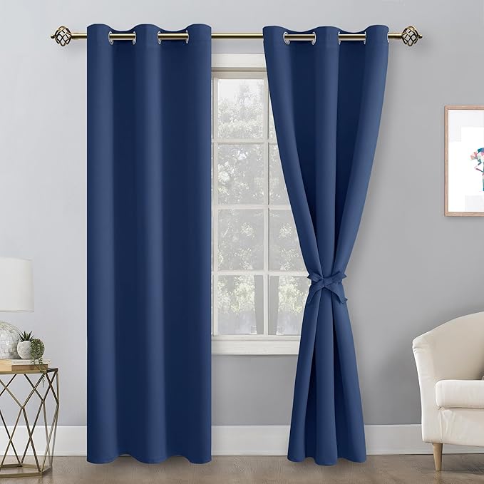 Hiasan Blackout Curtains for Bedroom, 42 x 84 Inches Long - Thermal Insulated & Energy Saving Window Curtains for Living Room, 2 Drape Panels Sewn with Tiebacks, Navy - Image 2