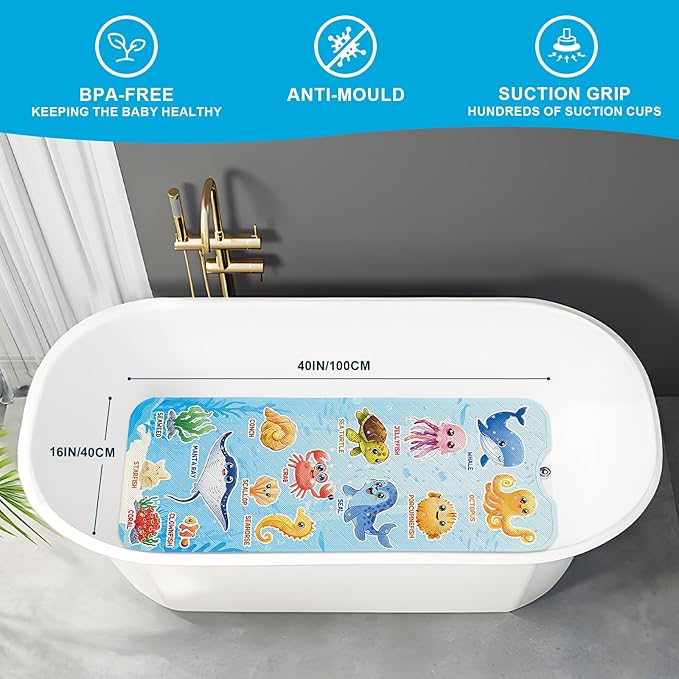 XIYUNTE Baby Bath Mat for Tub Non Slip Kids Bath Mat - 40"x16" Extra Long Bathtub Mat Non Slip Kids, Eco-Friendly Toddler Bath Mats with Suction Cups for Secure Grip, Easy to Clean & Easy Drying - Image 2