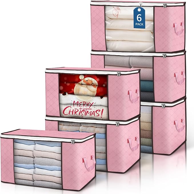 Budding Joy 90 L Large Storage Bags, 6 Pack Clothes Bins Foldable Closet Organizer Containers for Blanket, Comforters, Bed Sheets, Pillows (Pink) by BuddingJoy-BuildaJoyfulLifeforYou
