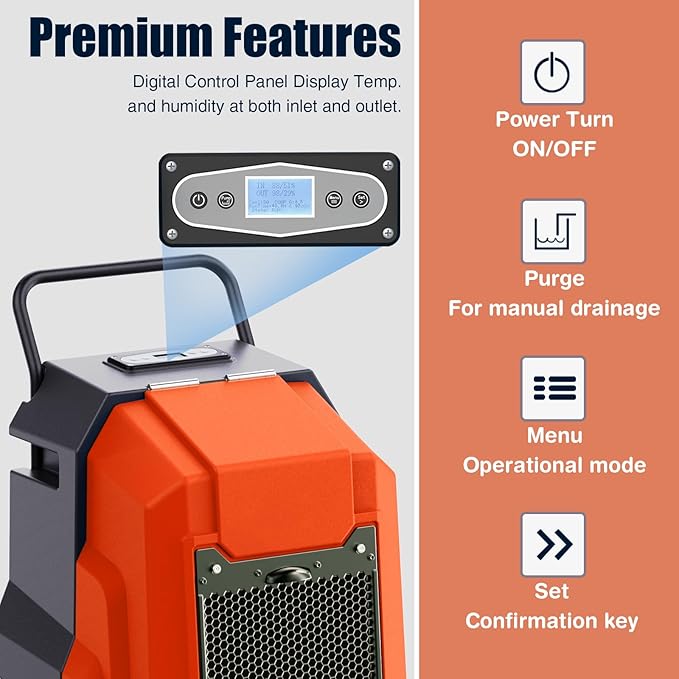 MOUNTO 180Pints LGR Industrial Dehumidifier with Pump and Drain Hose, Portable Commercial Dehumidifier with Wheels for Home, Basements, Garages, and Job Sites (Orange) - Image 8