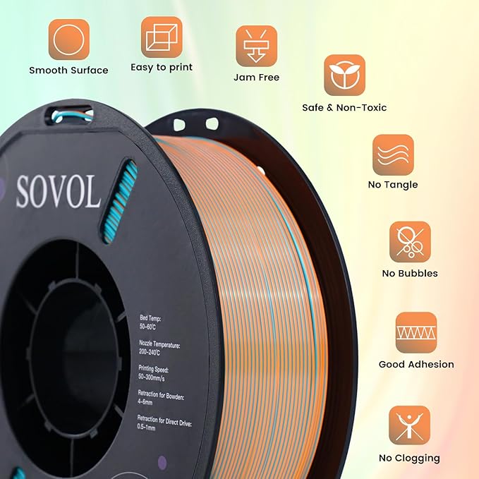 Sovol Dual Color PLA Filament 1.75mm, Silk PLA 3D Printing Material, Dual Color Filament Orange + Light Blue 2 in 1 Coextrusion PLA Filament +/-0.03mm, 1kg/2.2lbs - Image 3