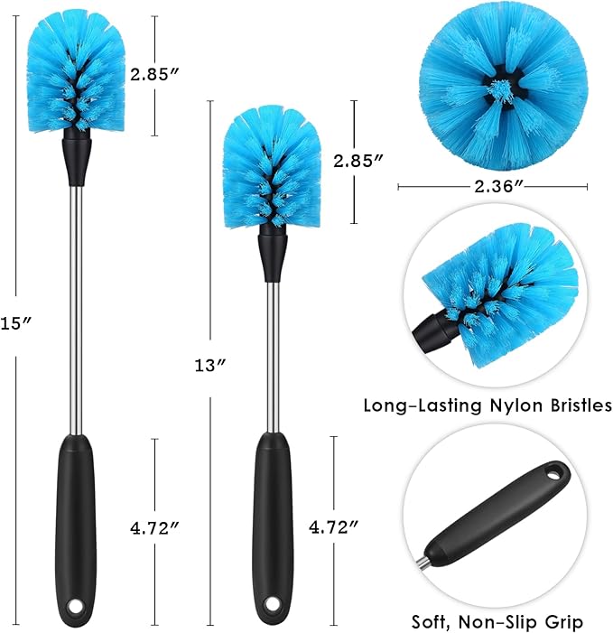 Stainless Steel Water Bottle Brush, Long Handle Scrubbing Brush, Built for Cleaning Sports Bottles, Baby Bottles, Cups, Coffee Mugs, Glasswares, Wine Decanters, Flask, 2 Pack, 13 in - 15 in - Image 3