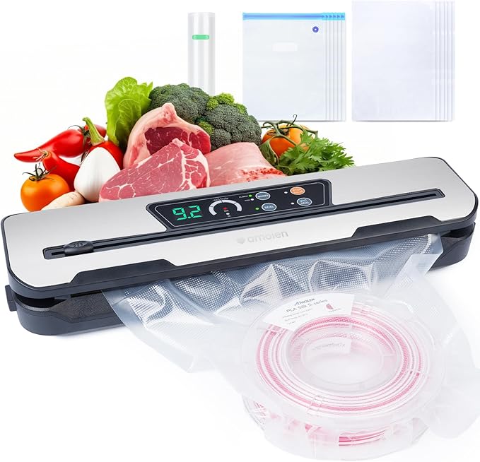 AMOLEN Vacuum Sealer Storage Bags Kit for Filament 20kPa, Dual-Use Vacuum Sealer Machine for Food 60kPa with Build-in Cutter&Storage, Digital Countdown, Air Suction Hose, 30 Vacuum Bags by AMOLEN
