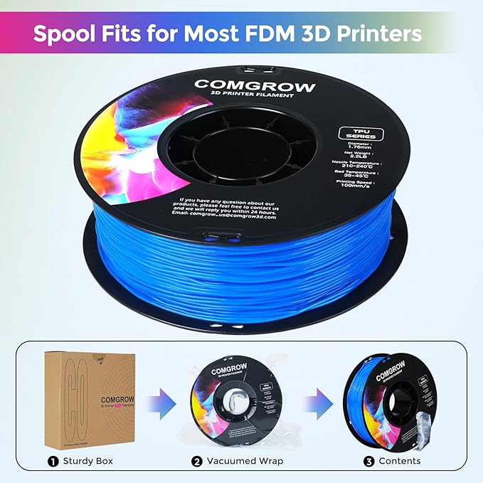 Comgrow TPU Filament 1.75, 3D Printing Filament, Flexible 3D Printer Filament, 95A Soft 3D Printing Filament fit Most 3D Printers Dimensional Accuracy +/- 0.02mm Filament TPU Blue 1kg (2.2lbs) - Image 5