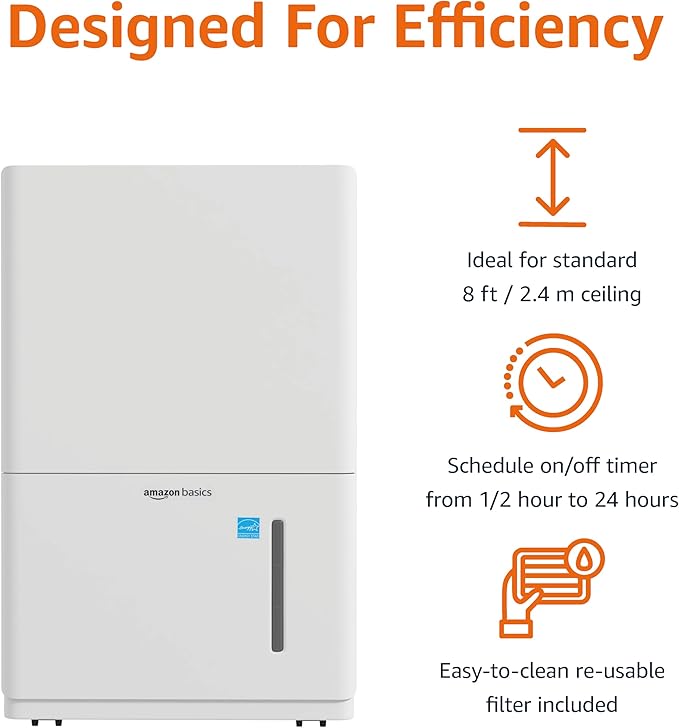 Amazon Basics 35-Pint Large Dehumidifier for Home, Energy Star Certified, Humidity Control, Auto-Defrost, Timer, Overflow Protection, for Rooms up to 2500 SFT, White - Image 3