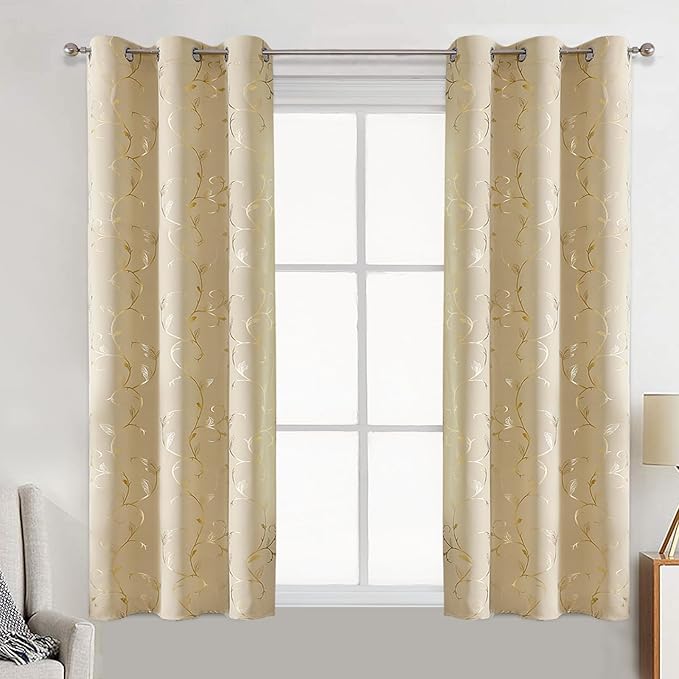 BUHUA Blackout Curtains Gold Foil Print Flower Vine Grommet Drapes, Room Darkening Thermal Insulated Curtains, Noise Reducing Blackout Curtain for Bedroom, Beige, 38Wx63L, 2 Panels - Image 2