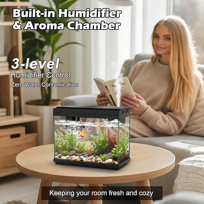 Smart Aquarium Fish Tank with Silent Water Pump, 2.4 Gallon Small Aquarium with Quick Start Kit, Temperature Display, Humidifier and RGB Lights, Perfect for Home, Office, and Decor, Black - Image 7