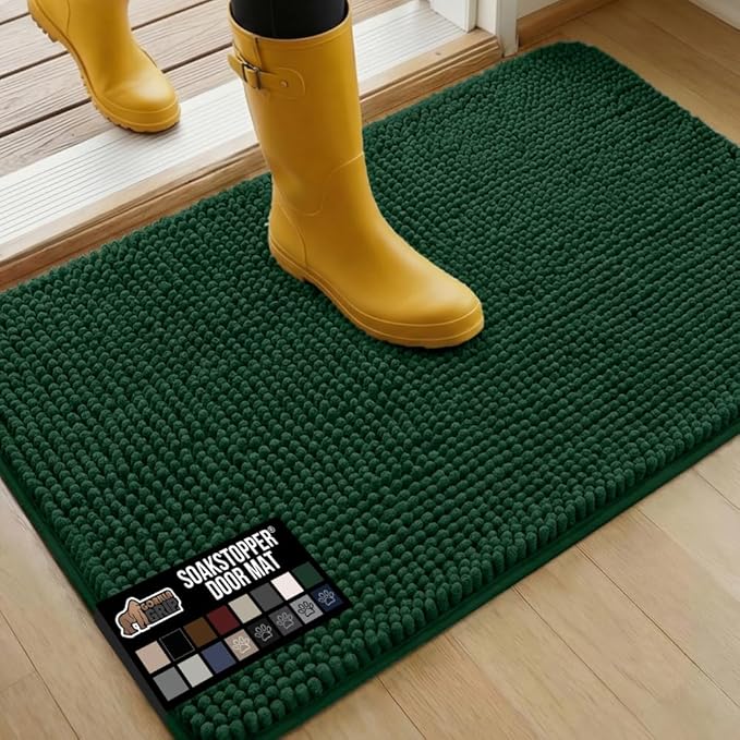 GORILLA GRIP SOAKSTOPPER Dog Door Mat, 36x24 Machine Washable Rug Absorbent Doormat Captures Moisture Mud Dirt, Quick Dry Soft Chenille Entryway Rugs Indoor Entrance Mats for Dog Paws, Deep Green by GorillaGrip