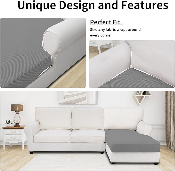Easy-Going Stretch Sectional Couch Covers 1 Piece Chaise Lounge Slipcover L Shape Separate Cushion Couch Seat Chaise Cover for Both Left/Right Sectional Couch Light Gray - Image 3