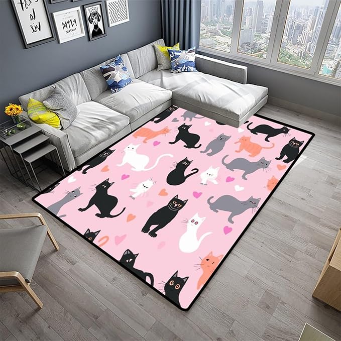 Floor Covering, Cartoon Cat with Love Heart, Floral Printing, Washable Area Rugs, Fade Resistant, Flame Resistant, Quick Dry, Stain Resistant, Waterproof Floor Carpet for Living Room, 36 x 60 Inch - Image 2