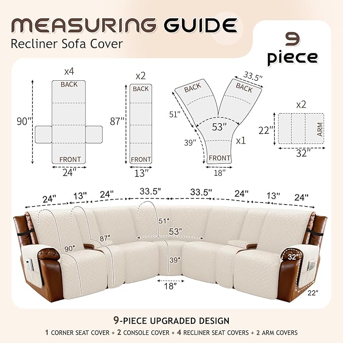 Arfntevss Waterproof Recliner Sectional Couch Covers for Reclining L Shape Sofa Cover Non Slip Washable L Shaped Slipcover Sets for Dog Furniture Protector (5 Seat with 2 Console Cover, Beige) - Image 5