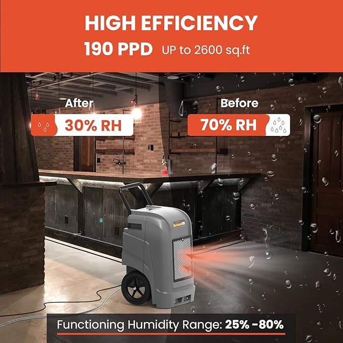 Abestorm 190 PPD Commercial Dehumidifiers with Pump and Drain Hose, Large Spaces Industrial Dehumidifier for Basements, Water Damage Restoration, Portable, Auto Defrosting, 5-year Limited Warranty - Image 2