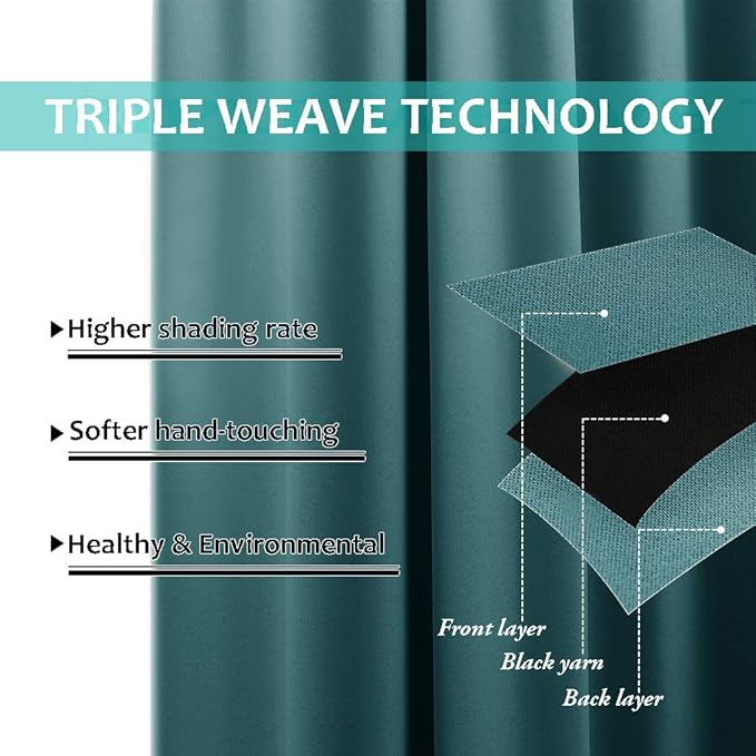 NICETOWN 100% Blackout Curtain with Black Liner, Thermal Insulated 2-Layer Lined Drape, Room Cooling Small Window Drapery for Dining Room (Sea Teal, 1 Panel, 52 inches W by 54 inches L) - Image 5