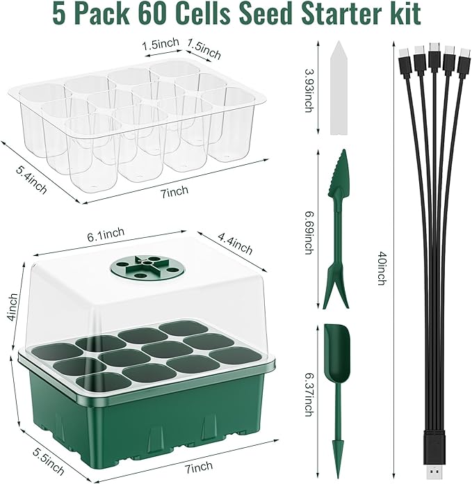NBPLUS Seed Starter Tray with Grow Light, 5 Pack 60 Cells Seed Starter kit with Humidity Dome and Base, Plant Seedling Trays Indoor Greenhouse Gardening (Green 5 Pack) - Image 4