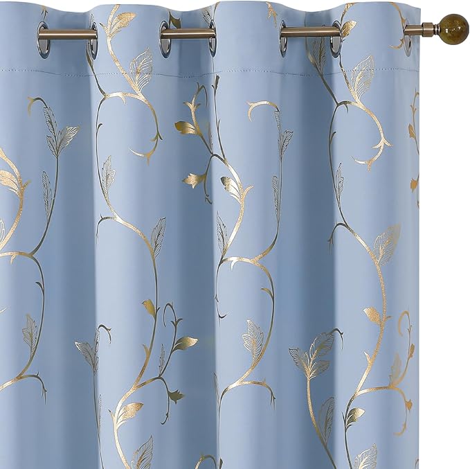 BUHUA Blackout Curtains Gold Foil Print Flower Vine Grommet Drapes, Room Darkening Thermal Insulated Curtains, Noise Reducing Blackout Curtain for Bedroom, Blue, 52Wx72L, 2 Panels by BUHUA