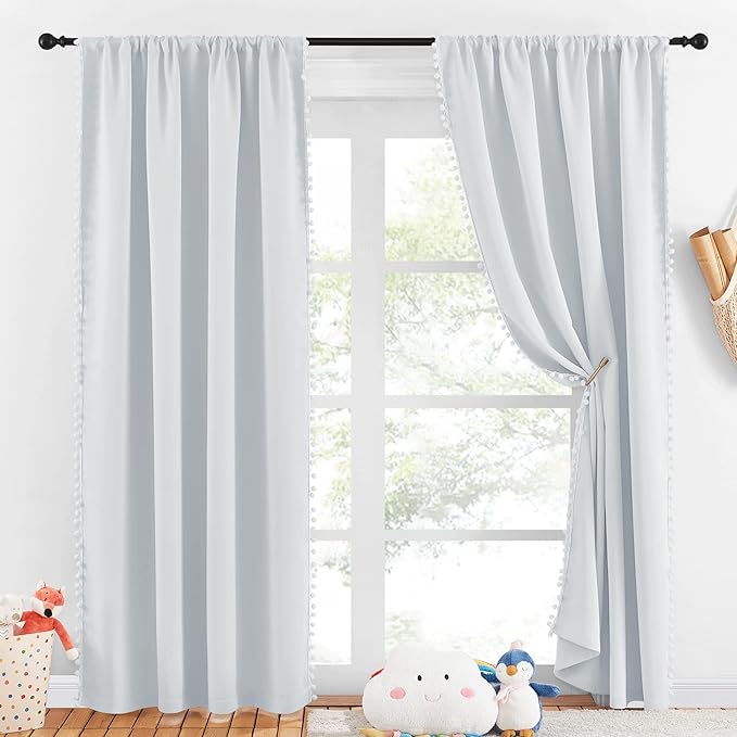NICETOWN Pom Poms Trimming Blackout Curtains, Farmhouse Blackout Window Curtains Set of 2 Panels, Thick Thermal Insulated Vertical Drapes for Girls Boys Room Playroom, Greyish White, W52 x L84 inch - Image 2