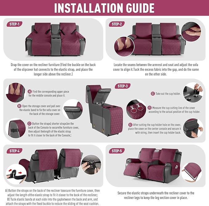 TAOCOCO 100% Waterproof Loveseat Recliner Cover with Console, Non-Slip Washable Reclining Couch Cover for 2 Seats, Furniture Protector for Dogs, Wine - Image 7