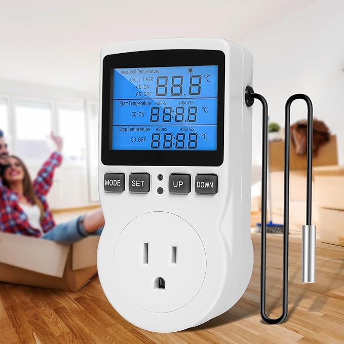 Digital Temperature Controller, 1800W 15A/120V Safe Thermostat Timer Outlet, LCD Display, Heating Cooling Control Timer Outlet Socket, Plug in Temp Controller for Fermenter, Greenhouse - Image 9