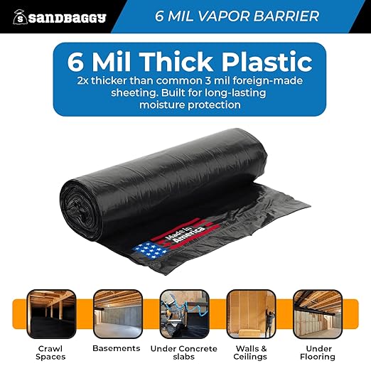 Sandbaggy 10 ft x 100 ft Vapor Barrier 6 Mil | Polyethylene | Black Plastic Sheeting Rolls | Moisture Barrier for Crawl Spaces, Concrete and Laminate Underlayment, Walls (1 Roll) - Image 4