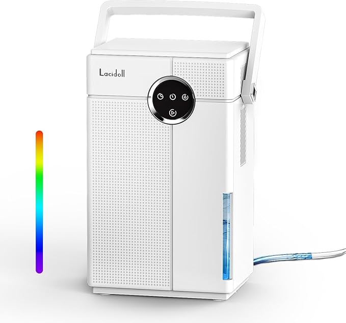 Small Dehumidifier with Drain Hose, 118oz Portable Dehumidifier for RV Camper Bathroom Bedroom Basement Laundry Room, Quiet Dehumidifiers for Home up to 800 sq ft, 7 Colorful Light, White by Bigcapacitybigpeaceofmind