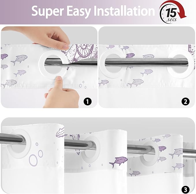 Extra Long No Hook Shower Curtain with Snap in Liner, Beach Ocean Nautical Coastal Shower Curtains and Liner Set for Bathroom, Seashell Fabric Bath Curtain, Waterproof Washable, Purple 71"x84" - Image 6