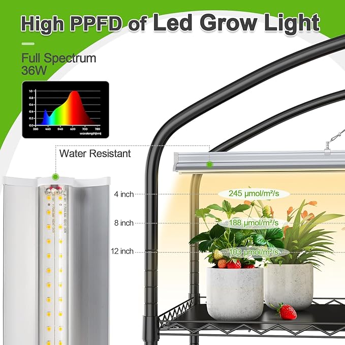 Abimars 5-Tier Greenhouse with Grow Light, Shelf Height Adjustable Metal Plant Shelf with PVC Cover and Wheels, Includes 5-Pack 2900K Full Spectrum Plant Lights, 13x29x73inch - Image 4