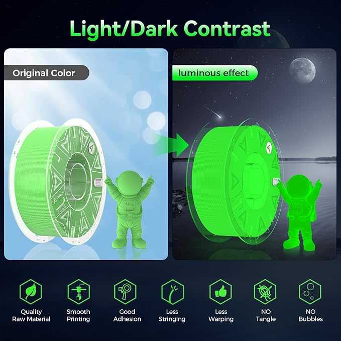 Creality Glow in The Dark Hyper PLA Filament, 3D Printer Filament Bundle, Hyper PLA Filament 1.75mm, Dimensional Accuracy +/-0.02mm, Fit Most FDM 3D Printers, 4 Pack 1kg Spool(Pink,Blue,Yellow,Green) - Image 9