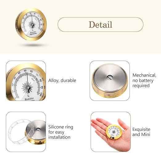 Frienda 2 Pcs Hydrometer 2 Inch Humidity Meter Cigar Humidor Hygrometers Round Cigar Hygrometer for Humidor Cabinet Cans(Gold) - Image 4