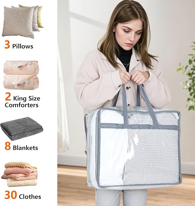 Budding Joy Clear Zippered Storage Bags for Clothes,40L Closet Organizers and Storage Containers Vinyl Moving Bag for Bedding, Linen, Blankets, Comforters, Clothing & Toys, Grey, 2 Pack - Image 3