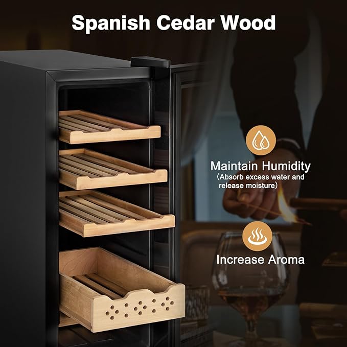 Electric Cooler Cabinet 35L with Temperature and Humidity Control, Spanish Cedar Wood Shelves and Safety Lock (270 Counts Capacity), Gift for Men - Image 3