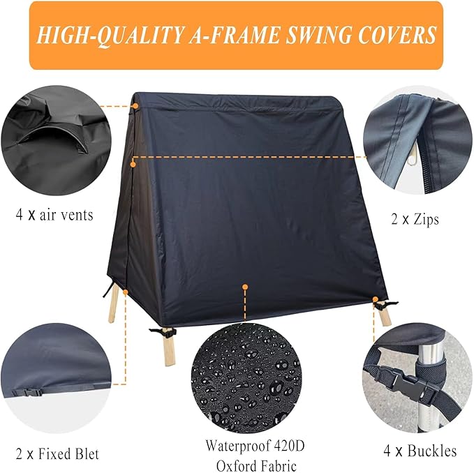 Patio Swing Cover A-Frame Swing Covers Waterproof 3 Seat UV Resistant Weather Protector for Outdoor Courtyard Patio Furniture Black - Image 5