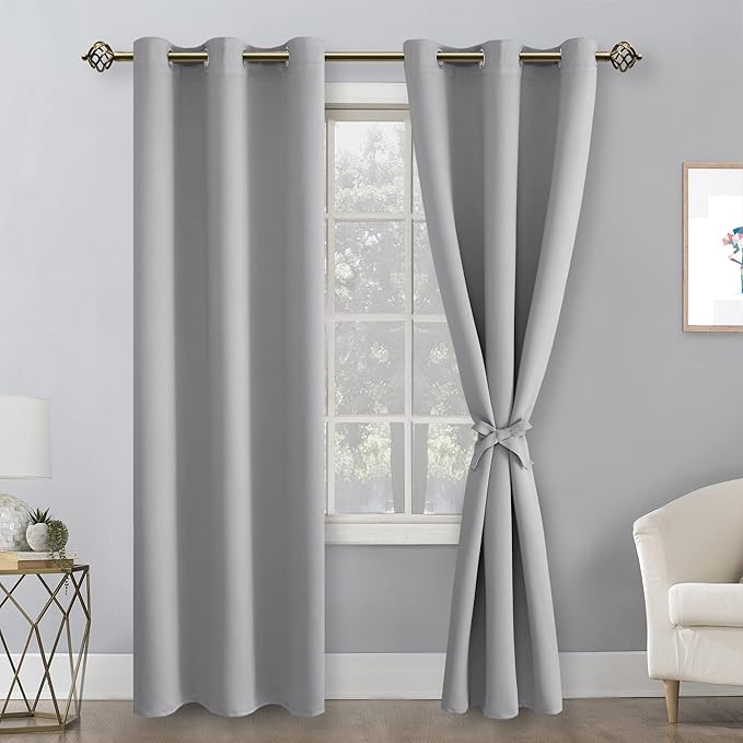 Hiasan Blackout Curtains for Bedroom, 38 x 84 Inches Long - Thermal Insulated & Light Blocking Window Curtains for Living Room, 2 Drape Panels Sewn with Tiebacks, Silver Grey - Image 2