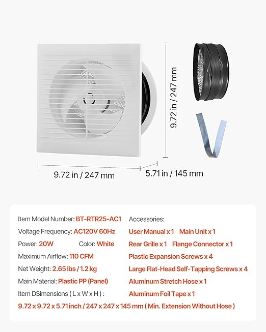 VEVOR Through-the-Wall Ventilation Fan， White Grille, 110 CFM, 6.8" Diameter Exhaust Fan Duct with 10-Inch Retractable Hose for Kitchen, Living & Laundry Room Workshop - Image 8