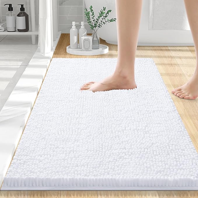 Smiry Luxury Chenille Bathroom Rugs 24x16, Extra Soft and Absorbent Shaggy Bath Mat, Machine Washable, Non-Slip Plush Carpet Runner for Tub, Shower, and Floor, Home Decor Accessories, White by Smiry