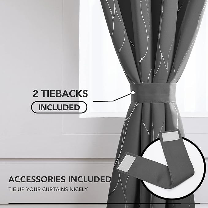 Deconovo Kitchen Curtains, Short Blackout Drapes 42 x 45 Inch, Thermal Insulated Soundproof Grommet Drape, Silver Wave Dots Foil Print Curtain for Small Windows, Living Room, Light Grey, Set of 2 - Image 4