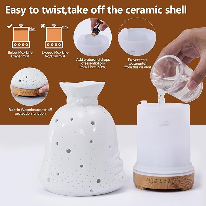160ML Ceramic Diffuser for Essential Oils Lucky Bag Aromatherapy Diffuser Ultrasonic Cool Mist Humidifier with Intermittent Mist Modes Waterless Auto Off for Room Office - Image 8
