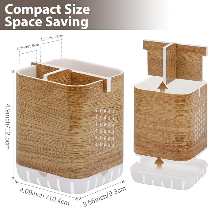 Boperzi Toothbrush Holders for Bathrooms Organizer Countertop, Detachable Anti-Slip Electric Toothbrush Holders for Kids, Toothbrush and Toothpaste Holder Storage Caddy Drainage for Shower Wood Grain - Image 6
