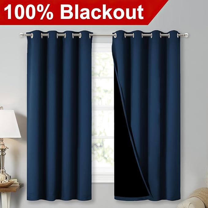 NICETOWN 100% Blackout Curtains with Black Liners, Thermal Insulated Full Blackout 2-Layer Lined Drapes, Energy Efficiency Window Draperies for Bedroom (Moroccan Blue, 2 Panels, 52" W by 63" L) - Image 2