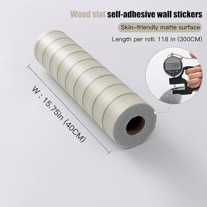 Peel and Stick PVC Slat Wall Panels, Wood Grain Self-Adhesive Soundproof Moisture-Resistant Paneling, 3D Faux Wood Panels for Bedroom Bathroom Walls & Ceilings 118"x15.75"(Off-White,13Sq.ft) - Image 4