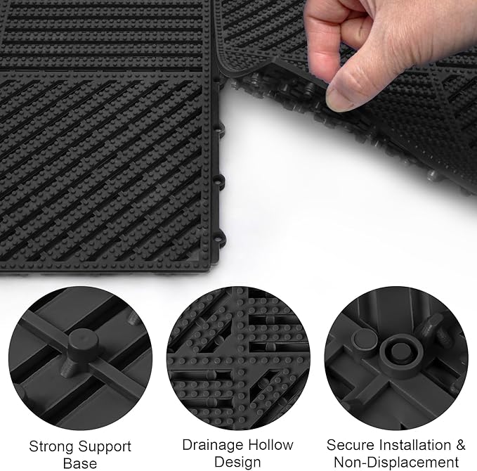 MYFAMIREA Modular Interlocking Cushion 12 Pack 11.8" x 11.8" Rubber Floor Tiles Non-Slip Splicing Drainage Mats for Deck, Pool, Shower, Patio, Balcony, Bathroom, Kitchen, Yard (2 Rows Dots, Black) - Image 4