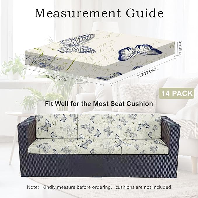 14pcs Outdoor Printed Sofa Seat Cushion Covers Strechable, Waterproof Elastic Half-Covered Sofa Covers Washable Reusable Patio Furniture Protector（Butterlfy, Cover Only） - Image 2