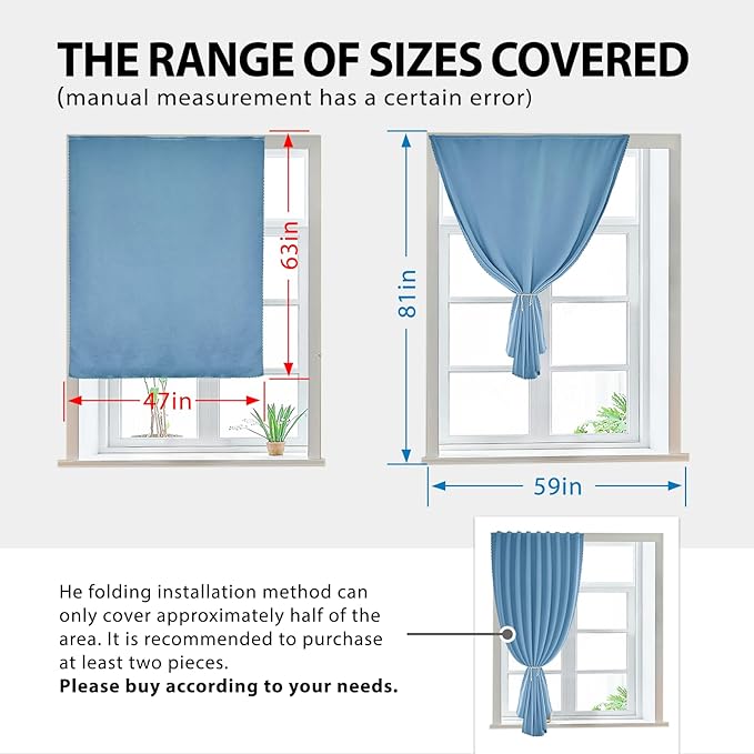 Magic Tape Stick on Portable Curtains for Windows,Bedroom Blackout Curtains for - Thermal Lnsulated No Drill Curtains Room Darkening Black Small Drapes(1 Panels,47Wx63L inch-Sky Blue) - Image 3