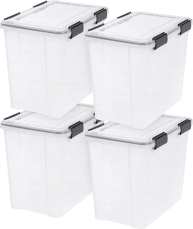 IRIS USA WeatherPro 32 Qt Storage Bins with Lids, 4 Pack, BPA-Free Plastic Gasket Box with Tight Latch and Seal, Stackable Nestable Tote Tub - Clear/Black by IRISUSA