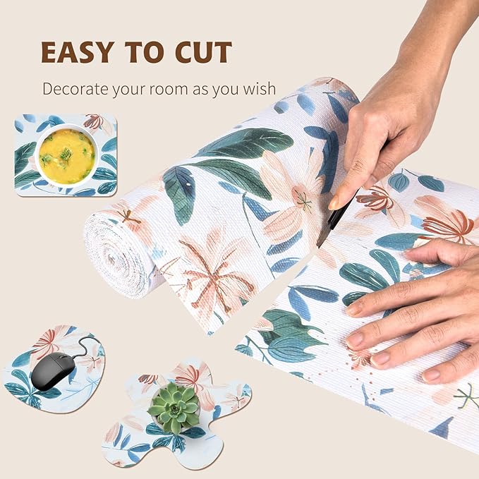 Shelf Liners for Kitchen Cabinets 12in x 10FT, Non Adhesive Drawer Liner Colored Flowers Thickened Shelf Liner Non-Slip Easy to Clean for Tool Box Refrigerator with Knife and Tape Measure - Image 7