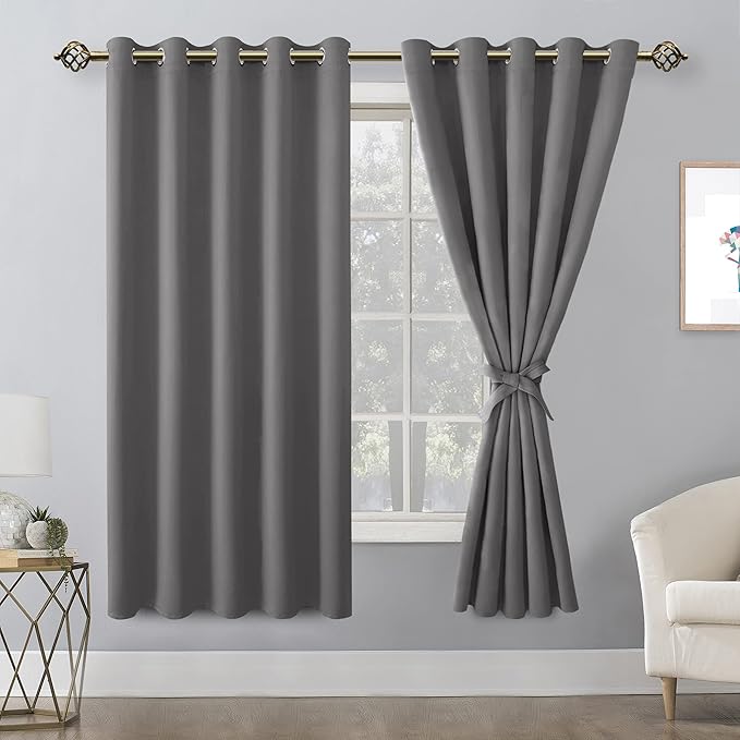 Hiasan Grommet Blackout Curtains for Bedroom, 60 x 72 Inches - Thermal Insulated & Light Blocking Window Drapes for Living Room/Dorm Room, Set of 2 Panels Sewn with Tiebacks, Light Grey - Image 2