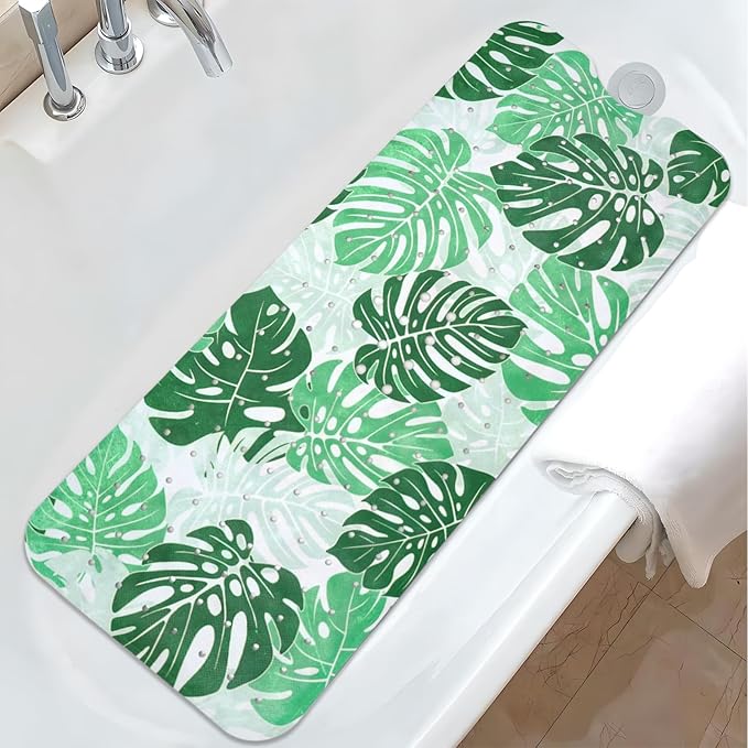 Tropical Leaves Bathtub Mat Non Slip, Boho Bath Tub Mat Baby Bath Mats for Bathroom Anti Slip Shower Mats for Inside Shower, Green Plants Bathmat with Suction and Drain Holes Machine Washable, 40″x16″ by Unknown